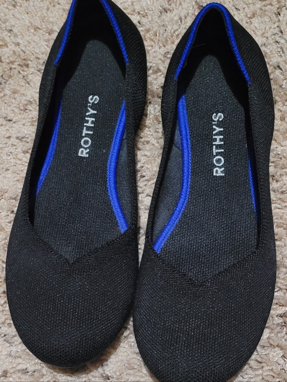 Rothy's Black Flats with Blue Trim - Slip-On Knit Loafers